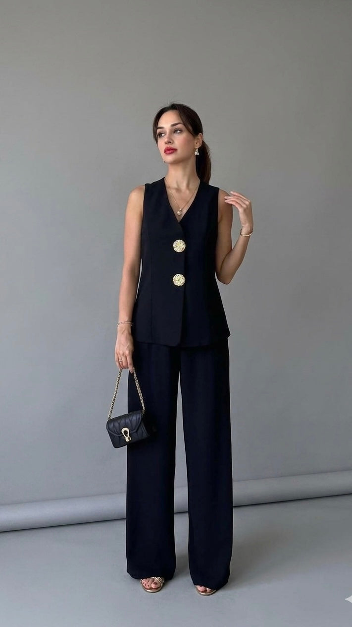 BELLEZZAMIA™ Ensemble 2 pièces Col En V Gilet Sans Manches et Pantalon à Jambes Larges