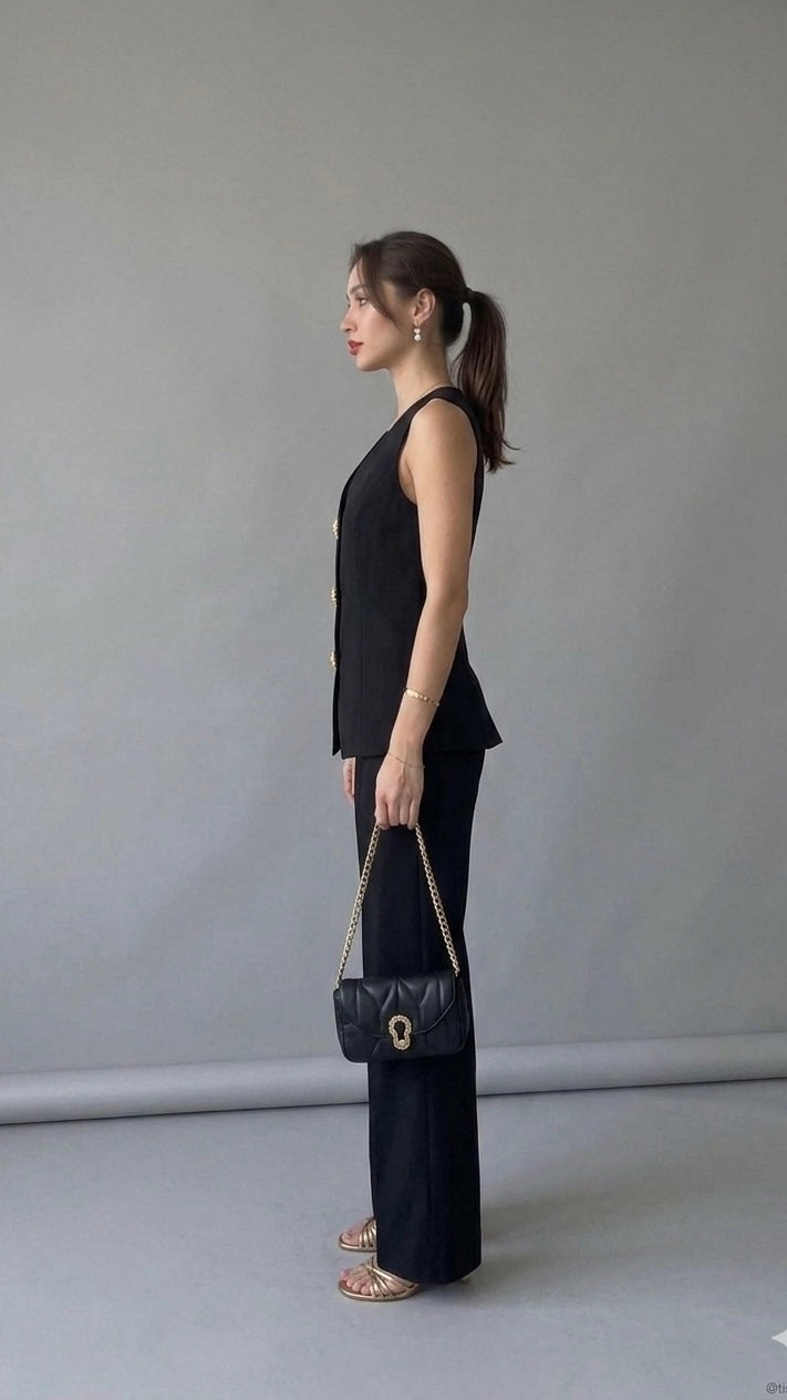 BELLEZZAMIA™ Ensemble 2 pièces Col En V Gilet Sans Manches et Pantalon à Jambes Larges